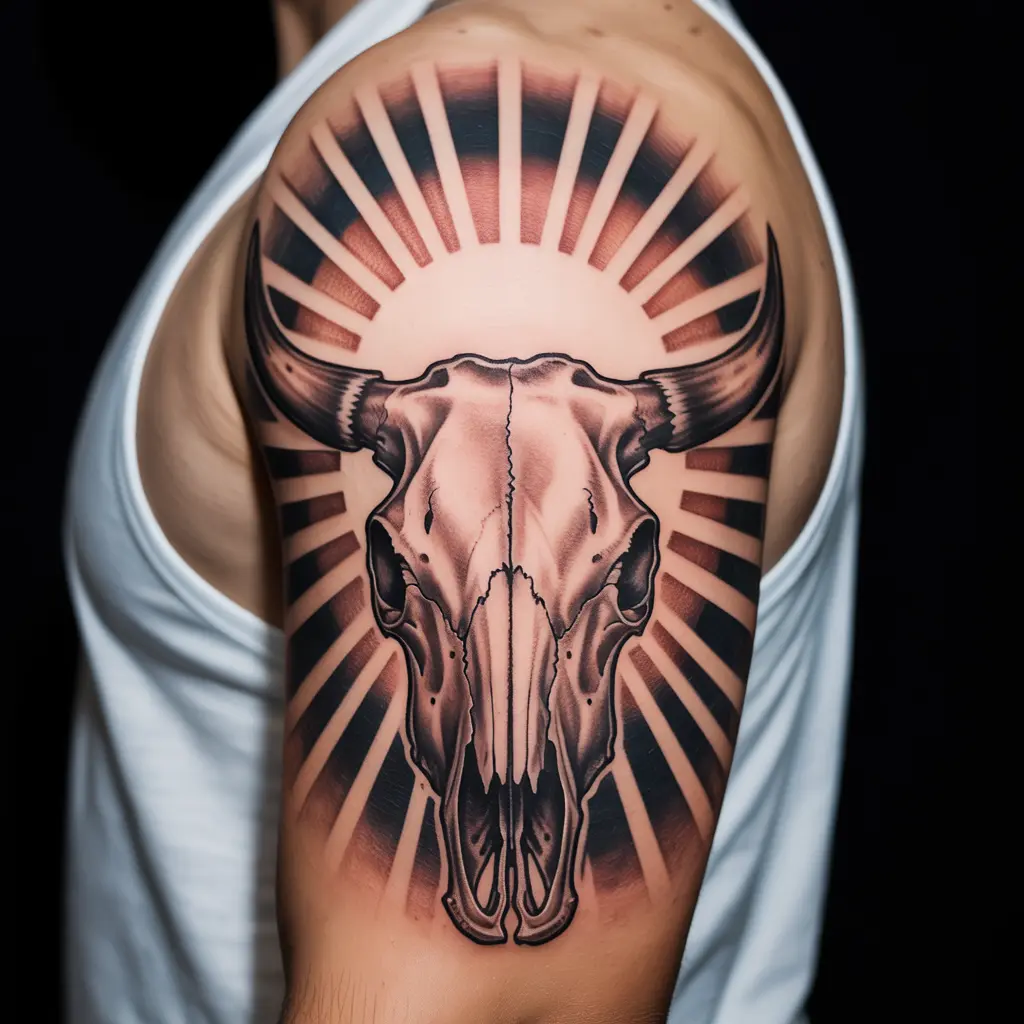 "Realistic cow skull tattoo with radiant sun rays inked on upper arm, symbolizing strength, guidance, and desert protection."