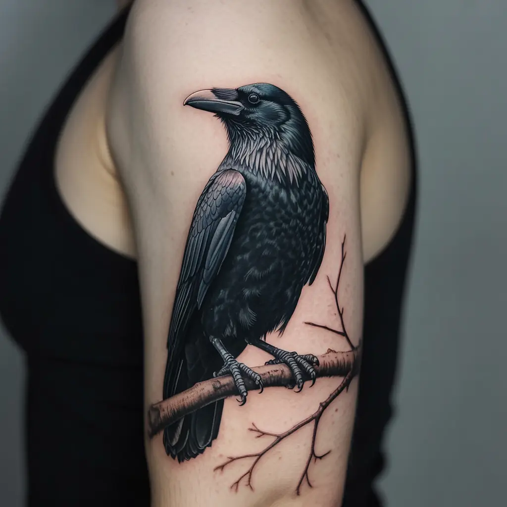 “Realistic raven tattoo on upper arm showing a dark raven perched on a branch, fine shading and mysterious symbolism.”