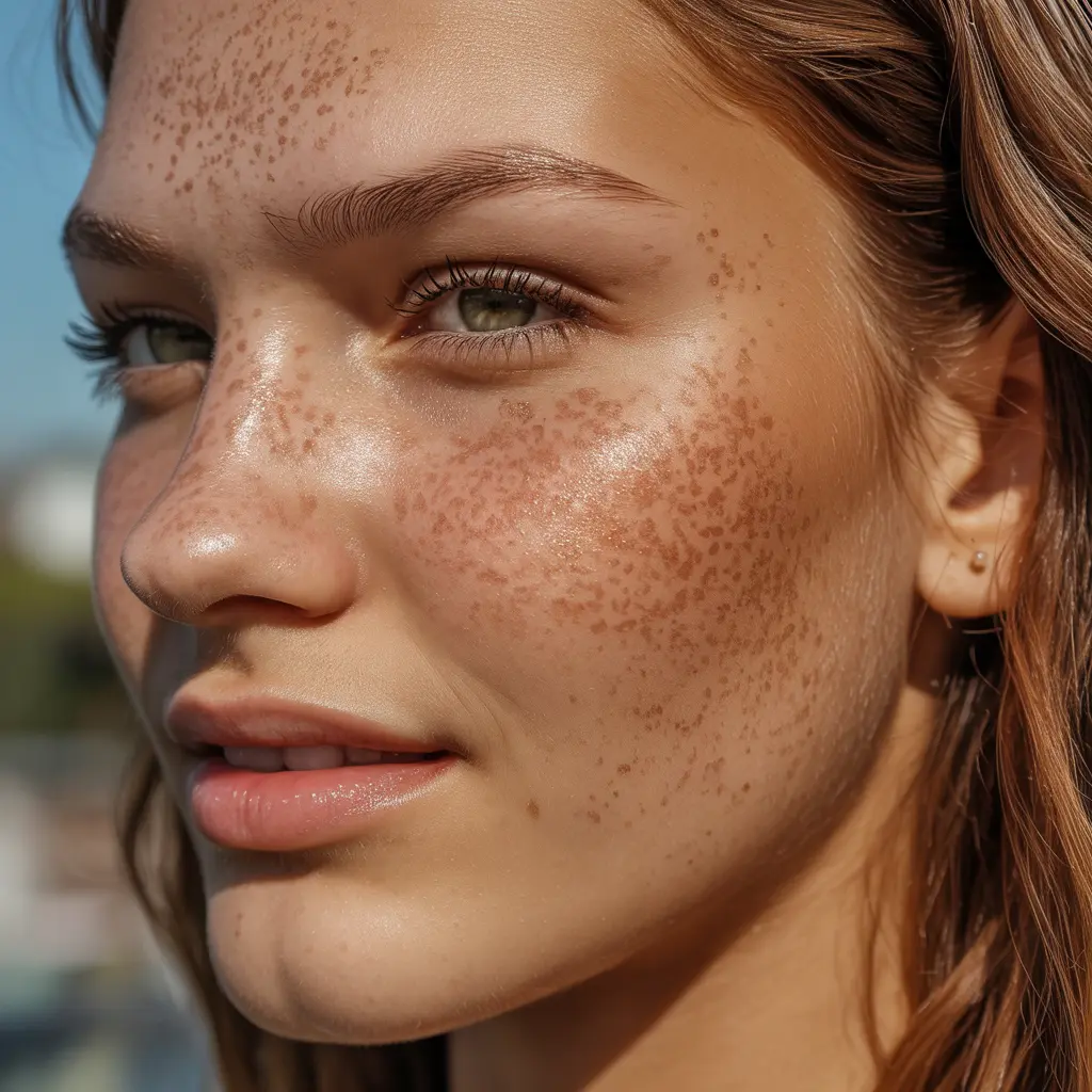Sun-Kissed Freckle Tattoo – Realistic sun-kissed freckle tattoo across cheeks and nose, warm golden-brown ink, natural summer glow.

