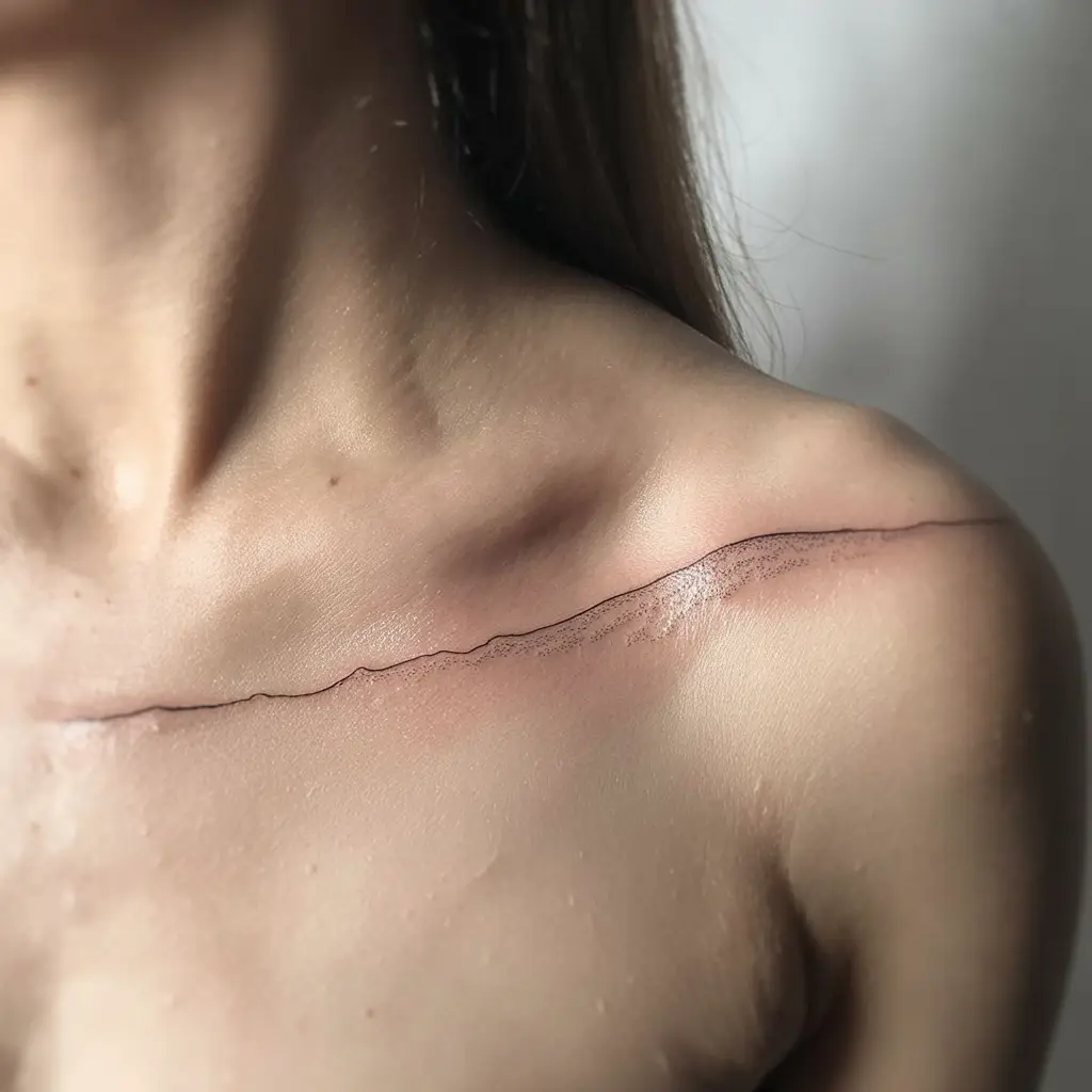 Whisper of the Horizon collar bone tattoo with fine minimalist horizon line following the natural curve of the bone, elegant and subtle body art.