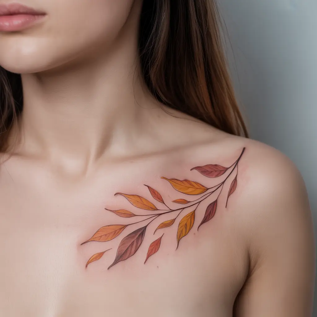 "Autumn Whispers in Ink fall tattoo on collarbone, delicate orange and brown leaves blowing in the wind"