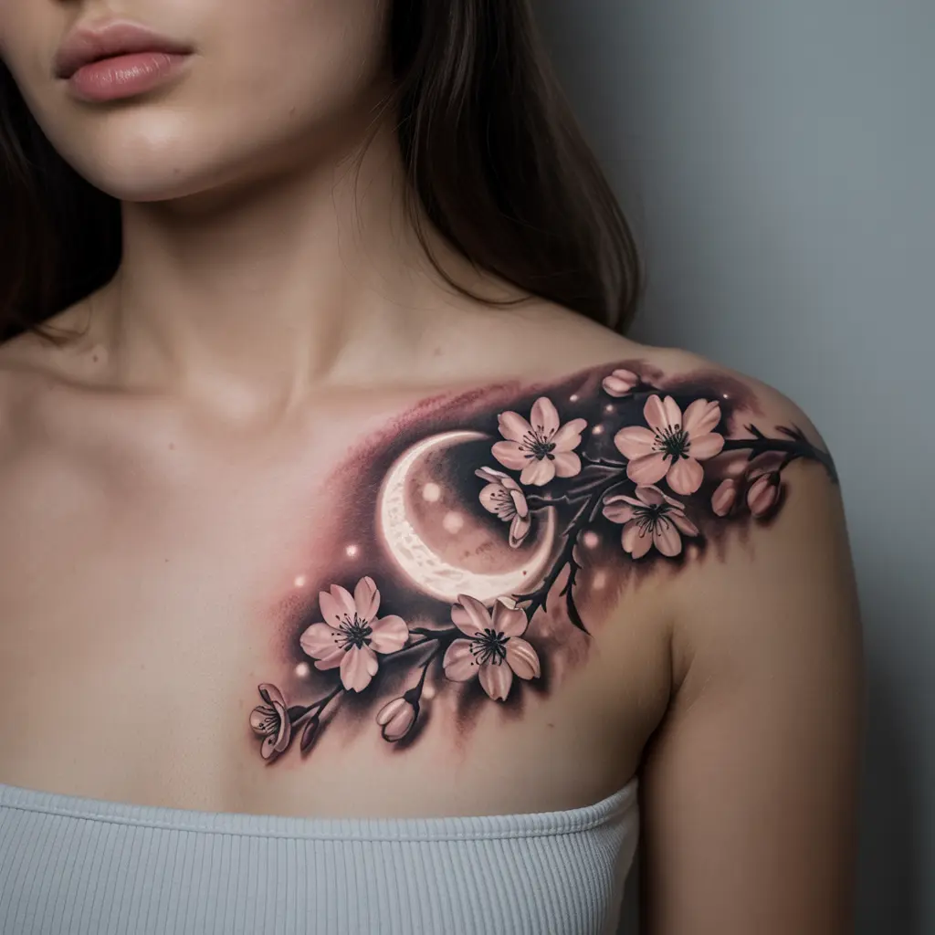 Moonlit Blossoms — Lunar Glow Chest Art
Moonlit Blossoms chest tattoo female design with delicate cherry blossoms and crescent moon, realistic ink detail.