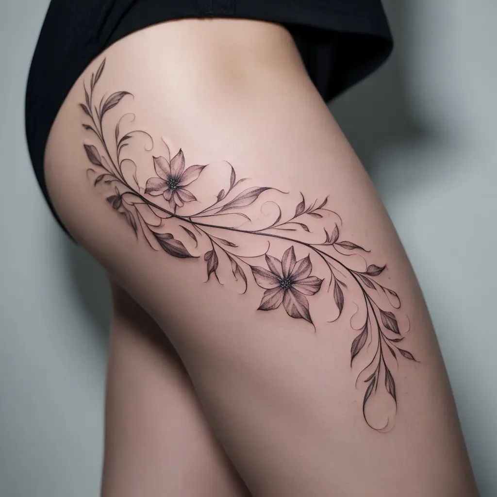 floral vine under thigh tattoos women, realistic fine-line floral vine design inked on thigh, nature-inspired feminine body art