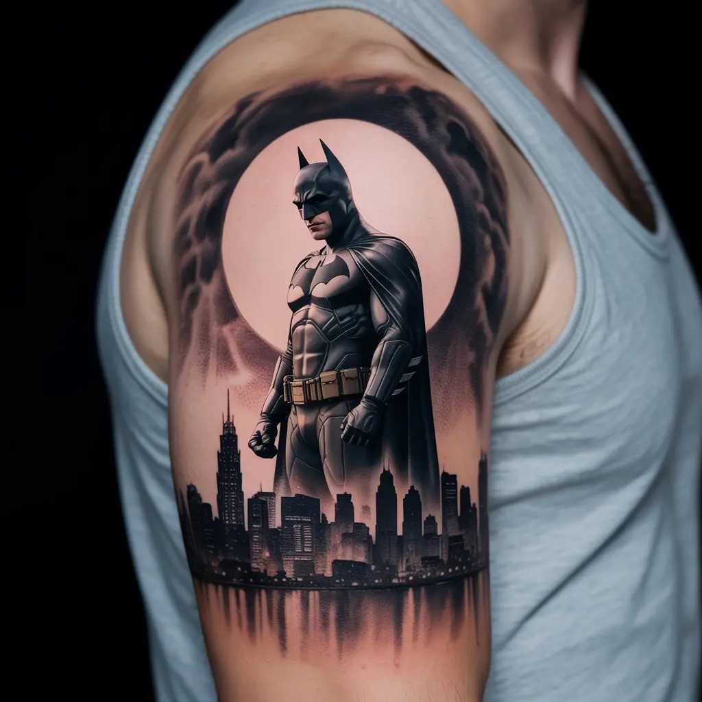 “Realistic Batman tattoo on upper arm showing the Dark Knight standing over Gotham skyline at night, symbolizing eternal watch and protection.”