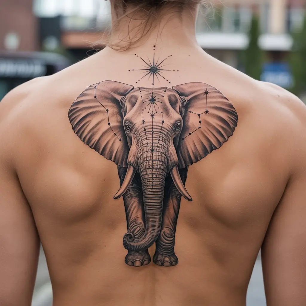 "Celestial elephant tattoo on upper back featuring constellations and stars, realistic black and grey elephant tattoos symbolizing wisdom and cosmic protection."