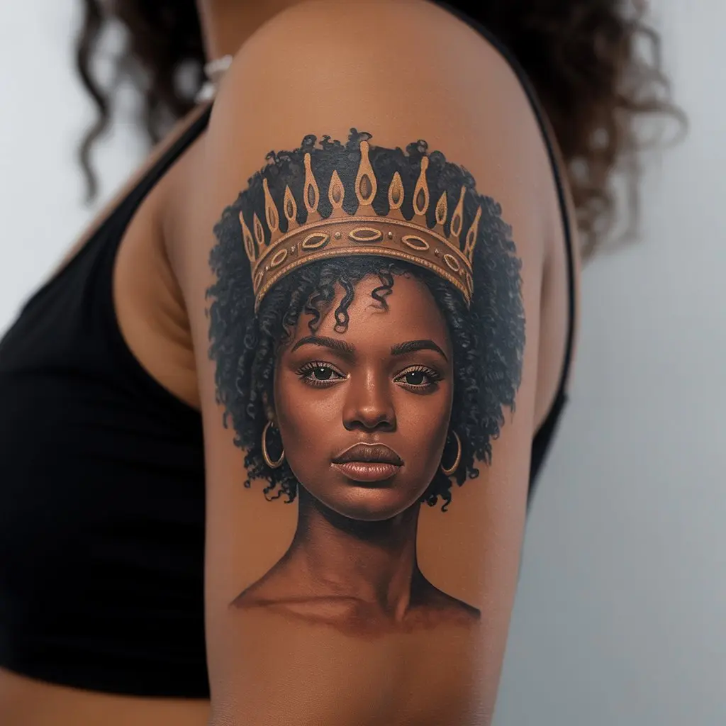 Black women tattoos – realistic afro crown tattoo with gold details on upper arm, celebrating heritage and melanin beauty in photorealistic style.