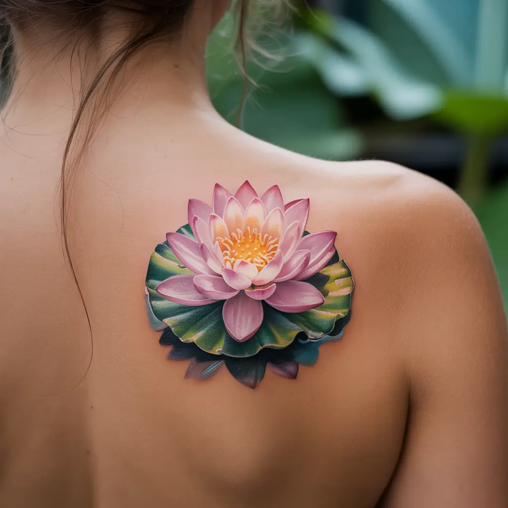 female tattoo ideas blooming lotus symbol of inner growth — Realistic blooming lotus tattoo on a woman’s upper back, soft pink petals, detailed shading.