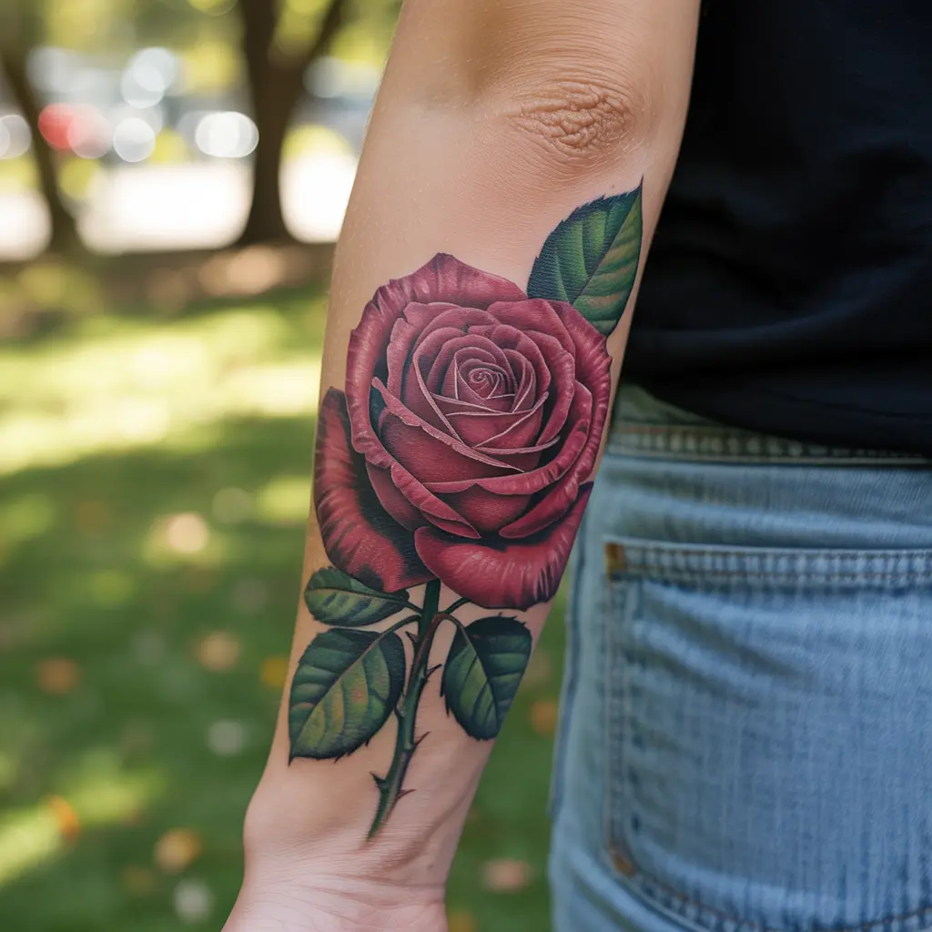 Forearm tattoo women – Blooming rose forearm tattoo with realistic red petals and green leaves

