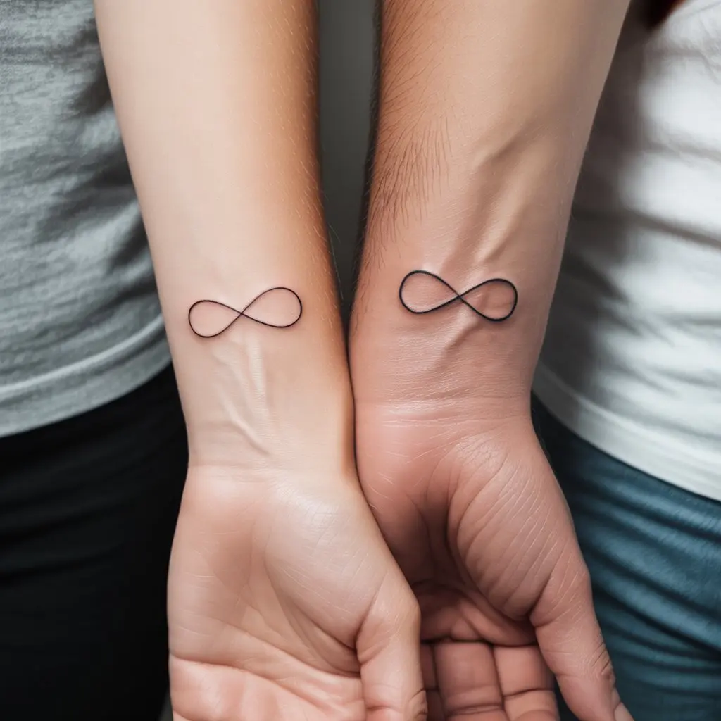 Infinity Symbol Matching Couple Tattoos – Realistic infinity symbol matching couple tattoos on inner wrists, fine-line design with lifelike skin detail.