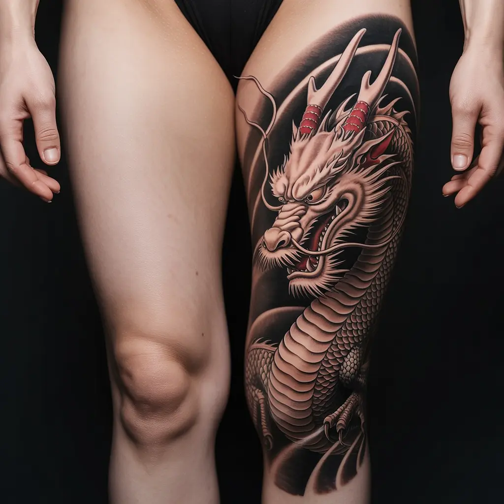 Japanese Dragon Sleeve – leg tattoos women with a realistic Japanese dragon wrapping from thigh to ankle, detailed scales and vibrant traditional colors.