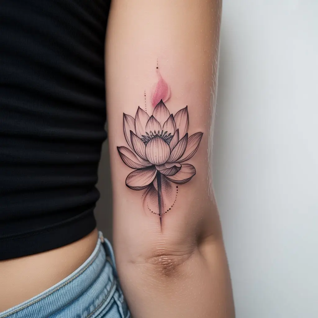 "Feminine power tattoo of a black and grey lotus flower symbolizing resilience and spiritual growth"

