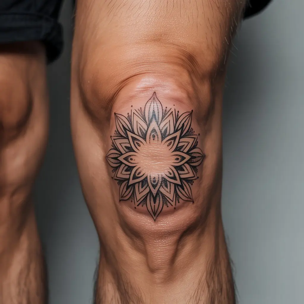 Realistic mandala burst knee cap tattoo with symmetrical black and grey linework and dot shading on human skin.


