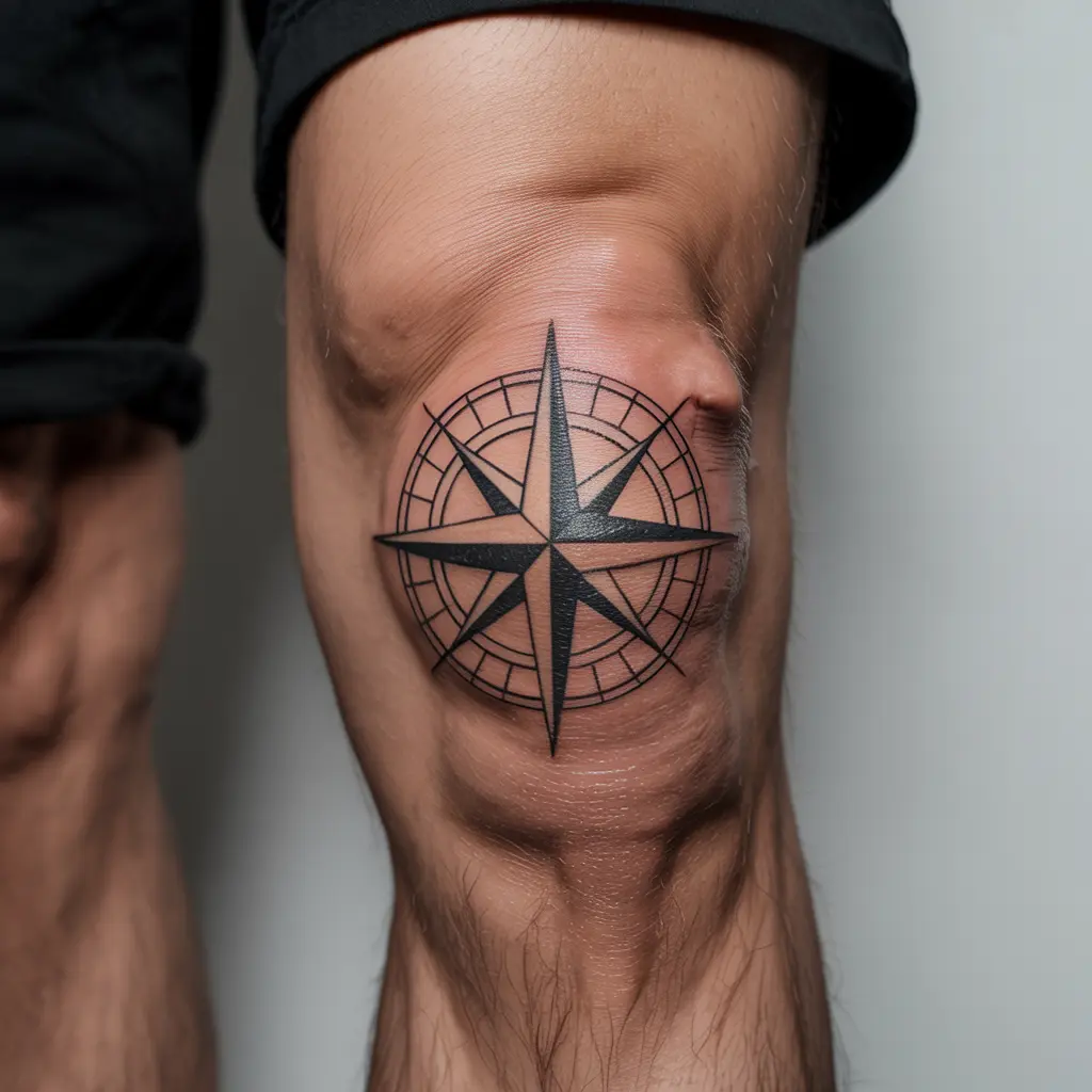 Compass rose knee cap tattoo with fine black outlines and circular symmetry.

