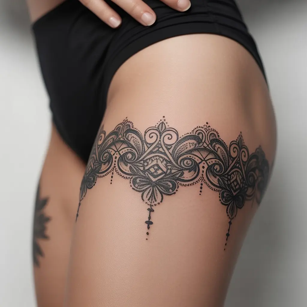 lace under thigh tattoos women, ornamental lace pattern tattoo design on thigh, feminine and intricate body art