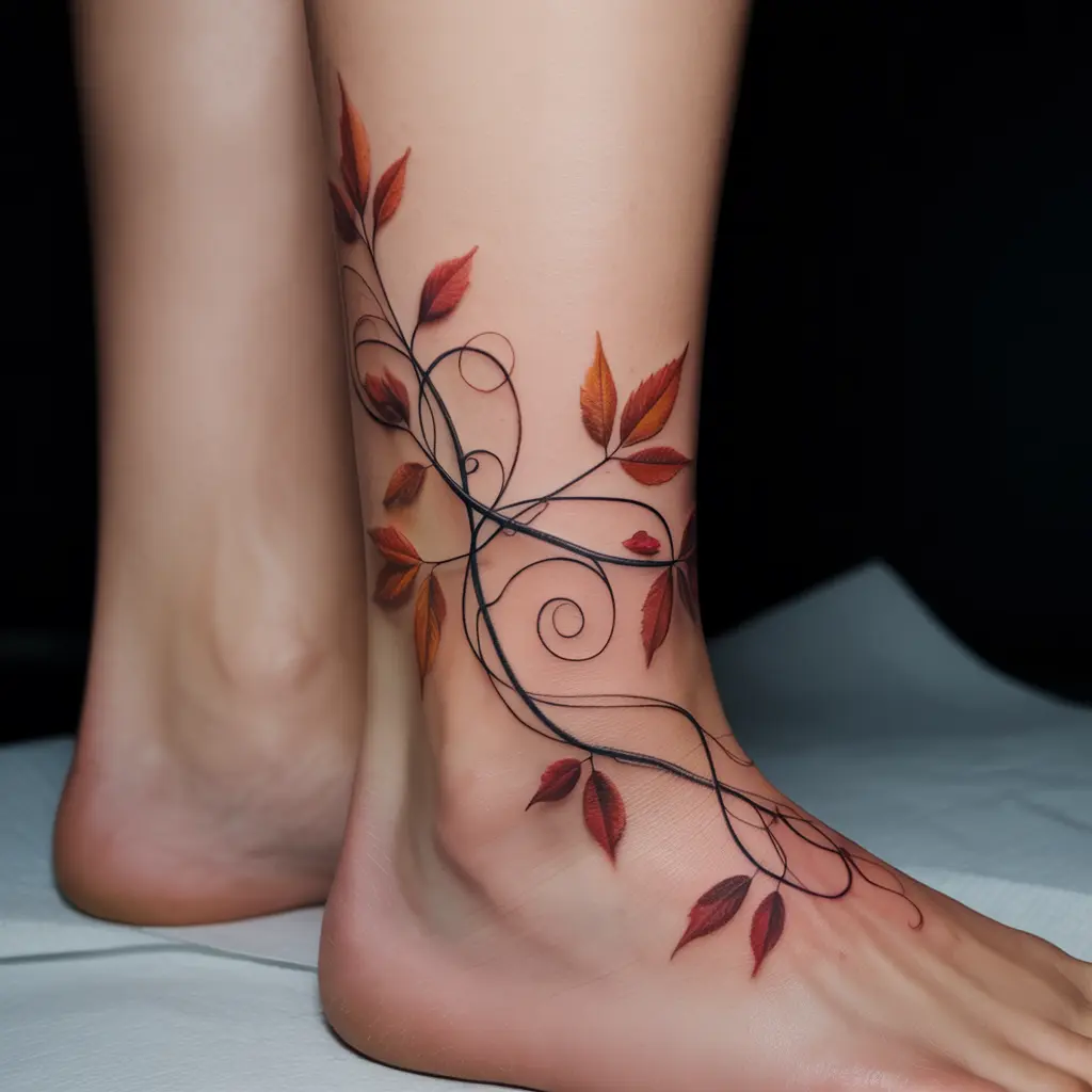 "Rust & Romance Vinework fall tattoo on ankle, intertwined vines with rust-colored autumn leaves"