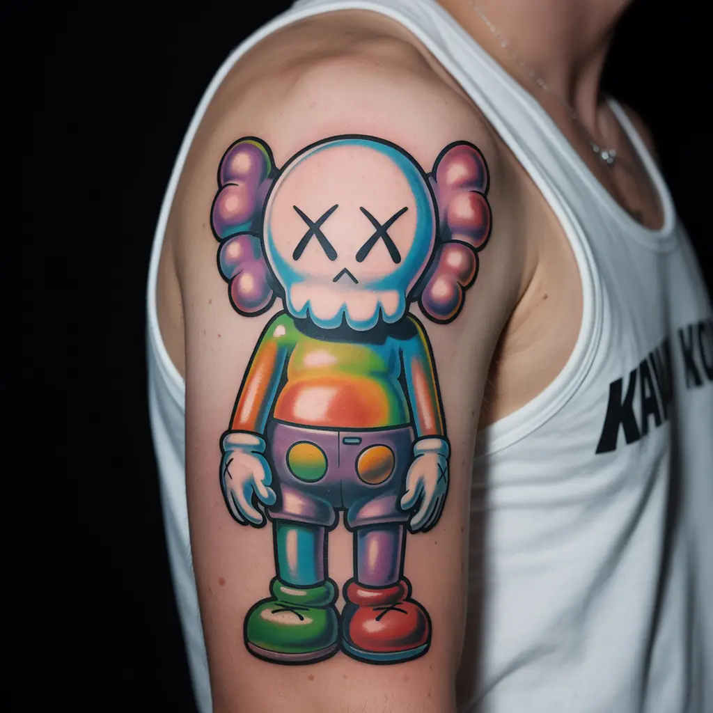 Colorful cartoon-style KAWS tattoo with bold outlines, shoulder ink showing playful energy and creativity.
