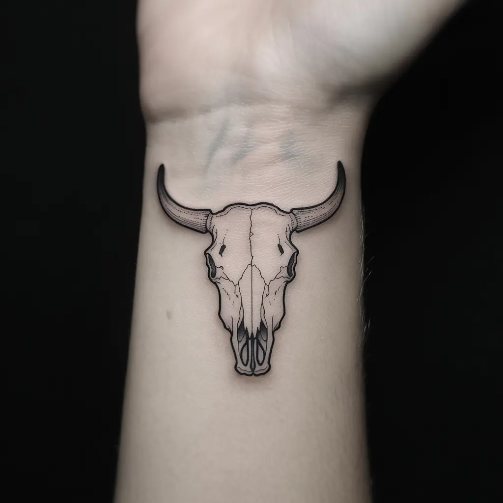 "Minimalist cow skull tattoo in fine linework style on wrist, representing silence, observation, and resilience."