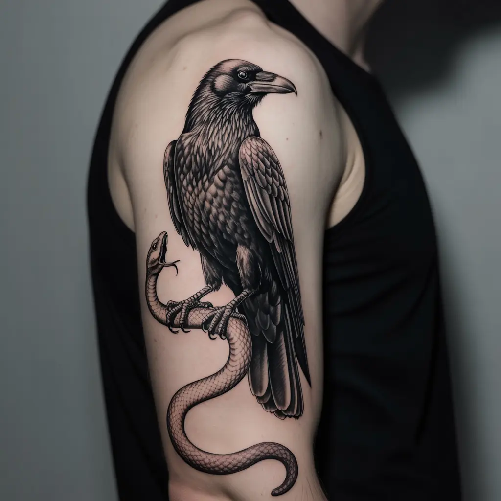“Upper arm sleeve raven tattoo with a snake coiled around its feet, dark realistic shading symbolizing duality.”