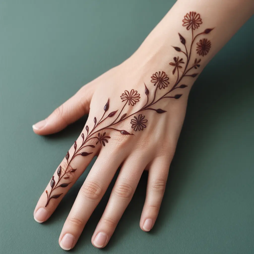 Floral Henna Tattoo Designs – Large floral bouquet henna tattoo designs on calf.