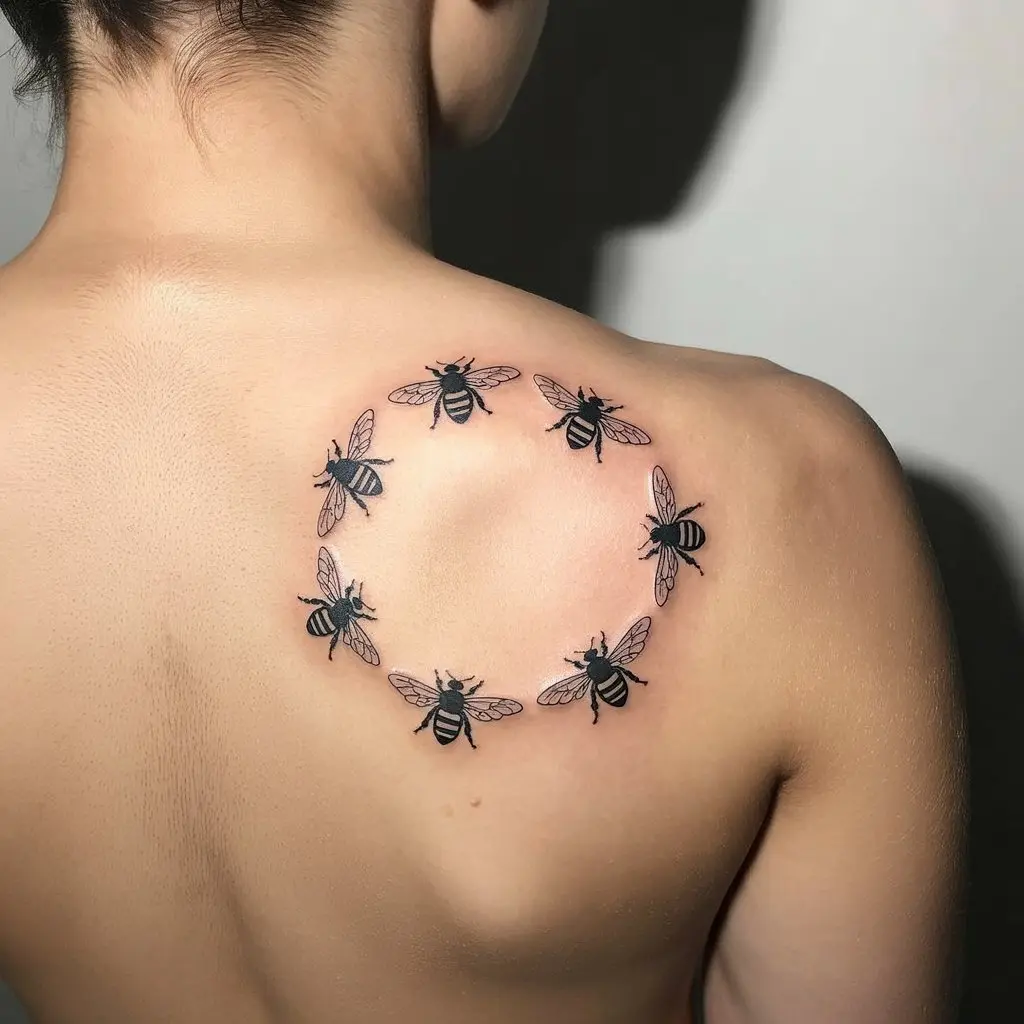 Wings of Collective Spirit
"Wings of Collective Spirit Honey Bee Tattoo on upper back with multiple bees flying in a circle, symbolizing teamwork and unity."