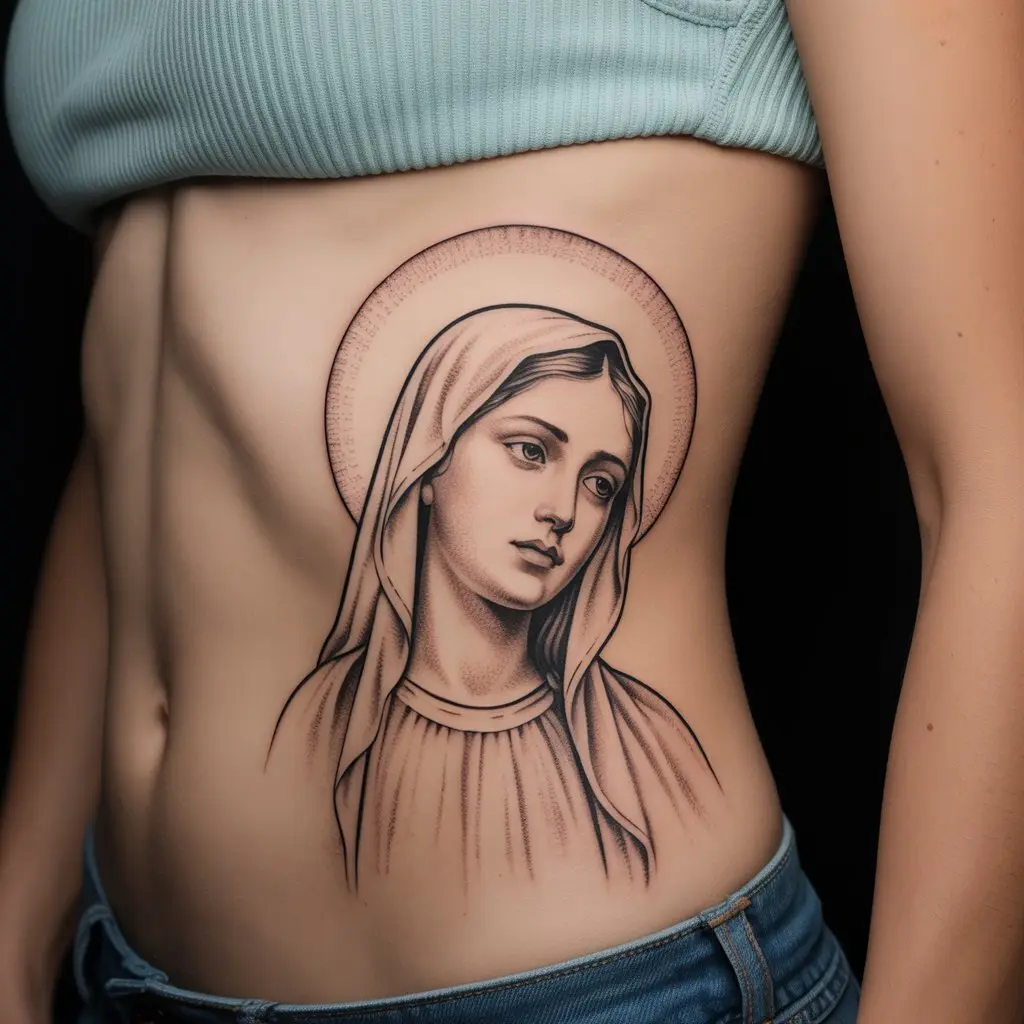 Virgin Mary tattoo of gentle mercy on ribcage, fine line details and shading, representing forgiveness, healing, and compassion."