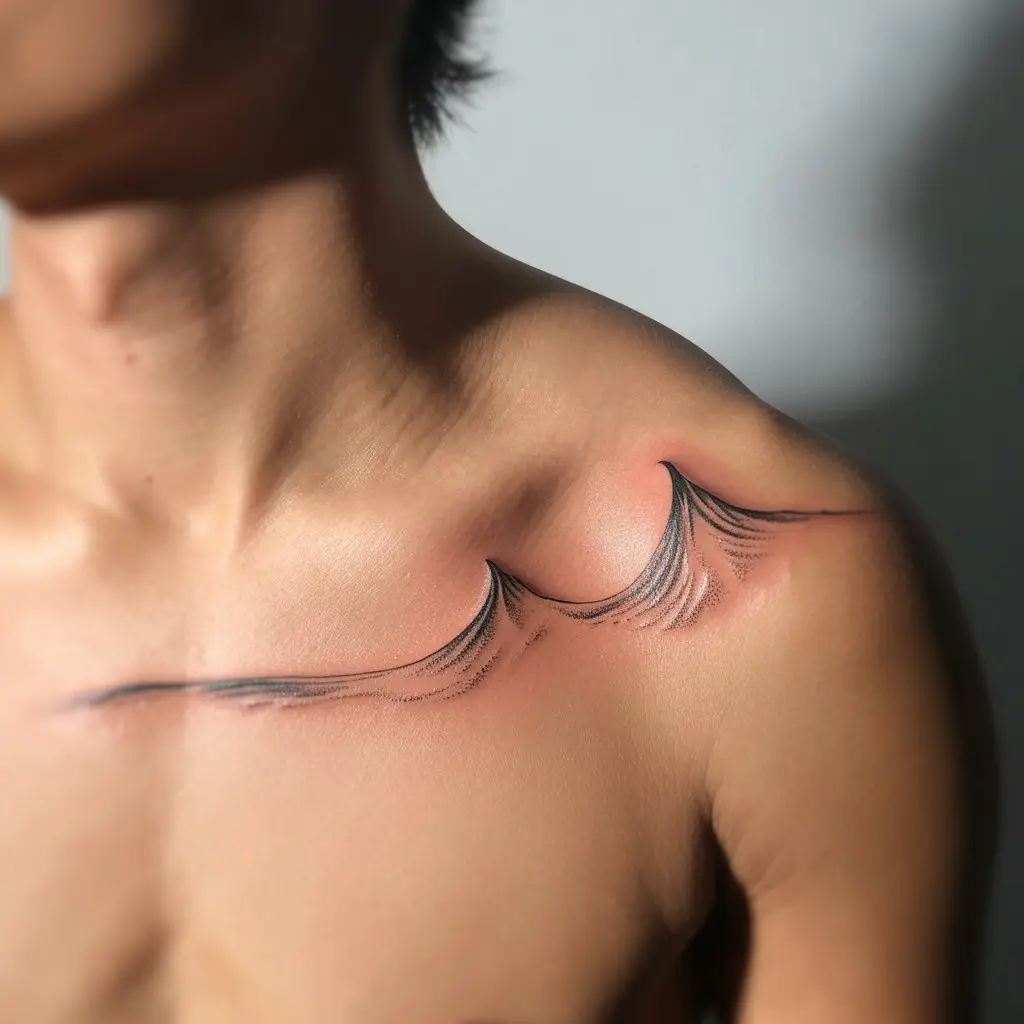 Ocean’s Edge collar bone tattoo of a minimalist ocean wave crest curving along the bone, ideal for ocean lovers.