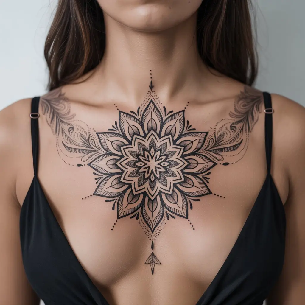 Radiant Mandala — Symmetry Above the Heart
Radiant Mandala chest tattoo female with intricate geometric design perfectly aligned over the sternum.