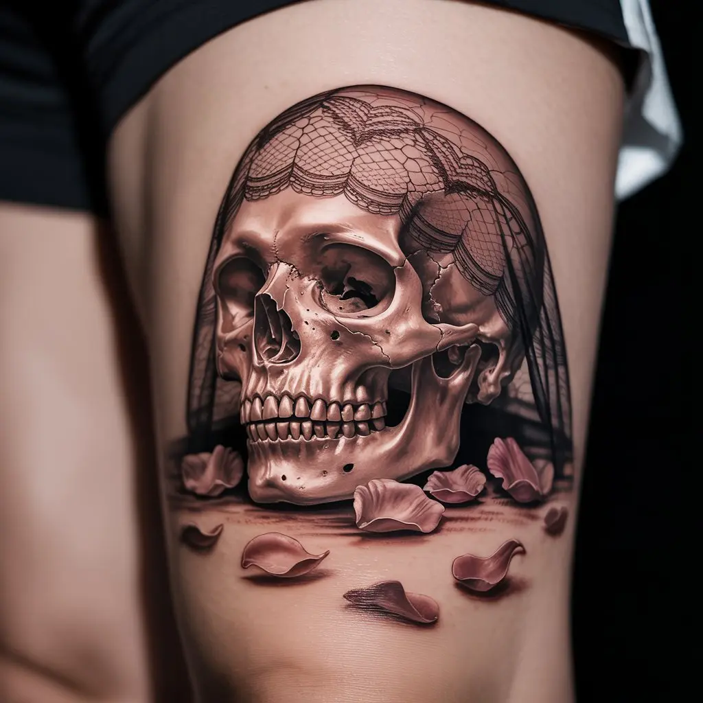"Lace-Draped Skull Beneath Falling Petals whimsigoth tattoo of skull with lace and roses on thigh"