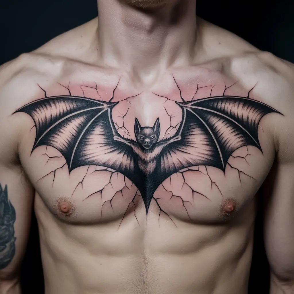 “Chest Batman tattoo with cracked skin revealing the Bat emblem inside, representing inner power and hidden strength.”