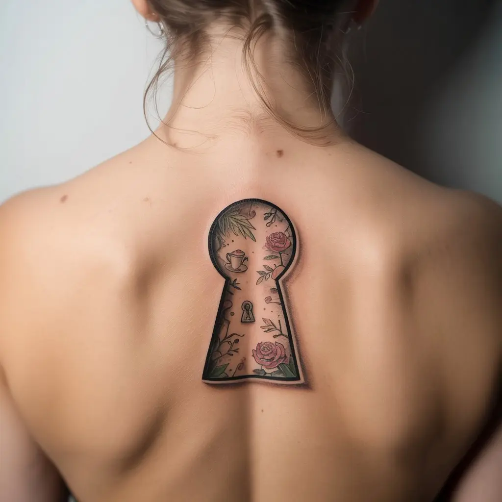 “Creative Alice in Wonderland tattoo of a keyhole showing Wonderland inside, placed on lower back, black and gray realistic design symbolizing hidden worlds.”