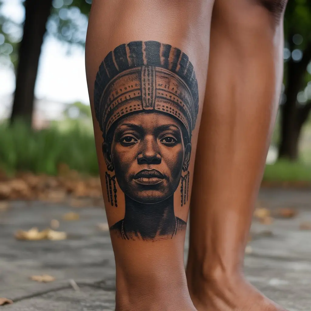Black women tattoos – African ancestral silhouette tattoo with traditional headdress on calf, honoring heritage in photorealistic style.