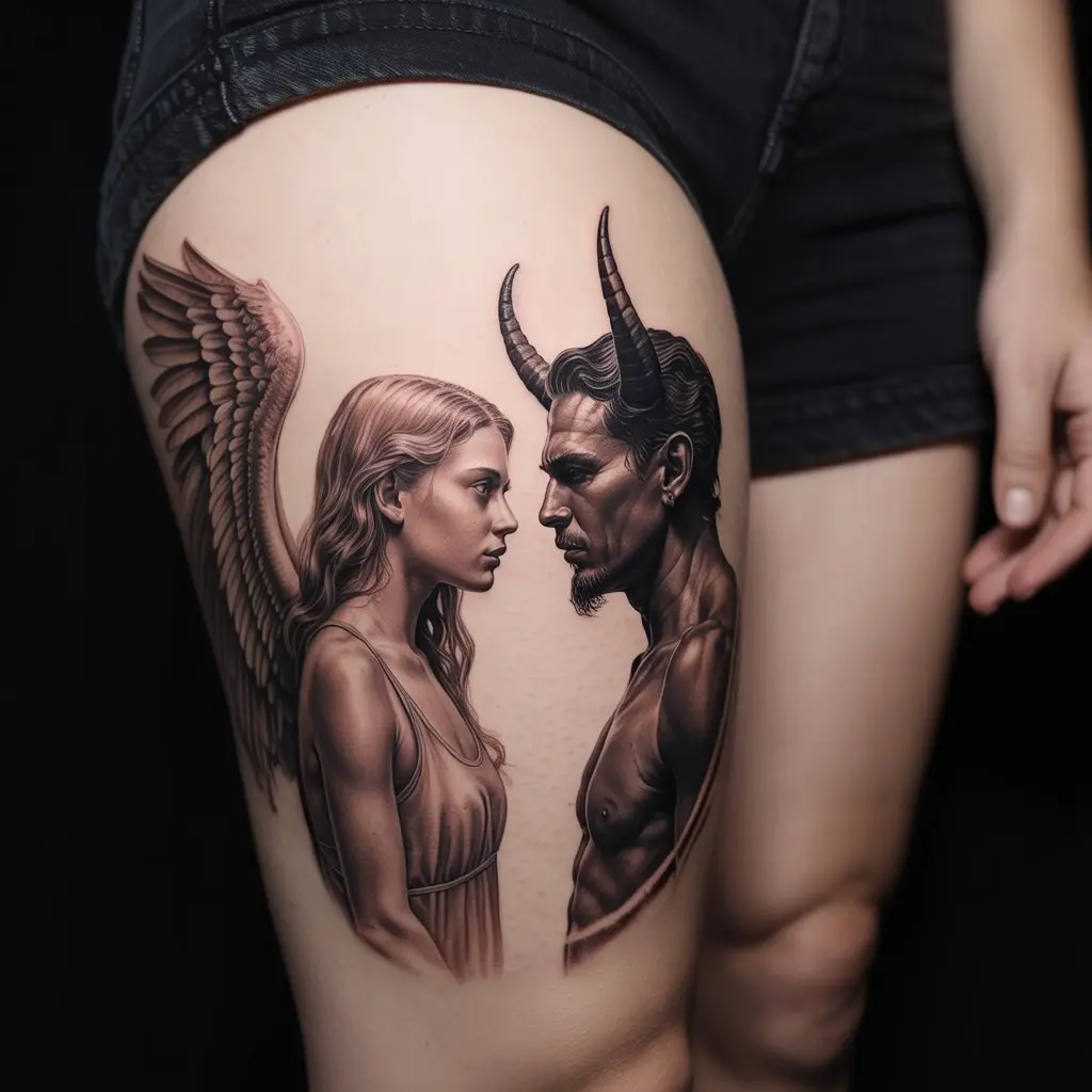 Angel and Demon Theme – leg tattoos women with a heavenly angel and fierce demon facing each other on the thigh.


