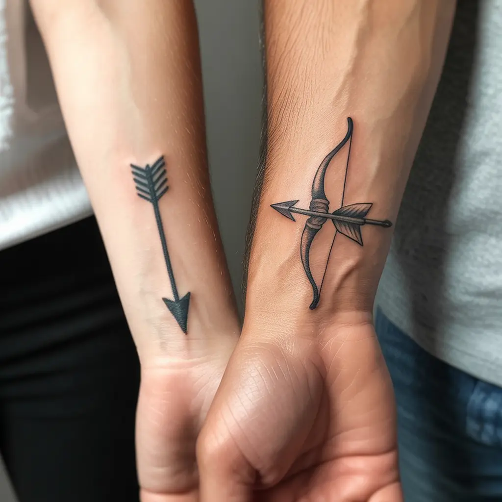 Arrow and Bow Matching Couple Tattoos – Minimalist arrow and bow matching couple tattoos on wrists, symbolic love connection design. 