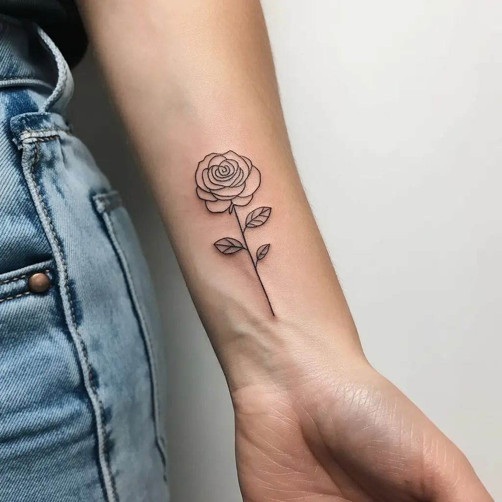 female tattoo ideas minimalist rose timeless elegance — Minimalist rose tattoo on a woman’s wrist, thin black linework.

