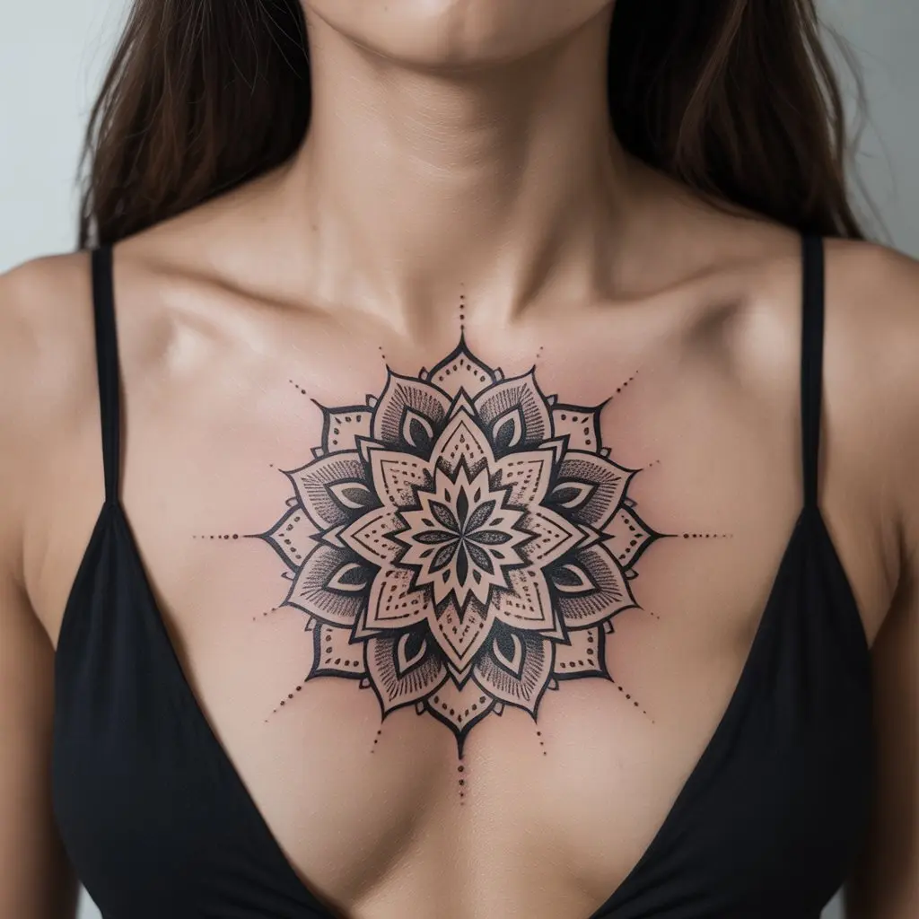 "Black ink feminine power tattoo of a sacred mandala representing balance, harmony, and strength"

