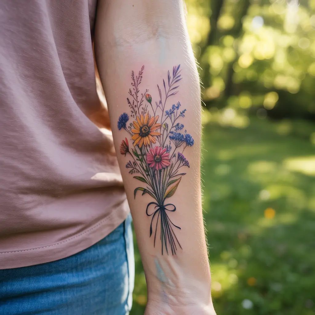 Forearm tattoo women – Wildflower bouquet forearm ink with colorful floral details

