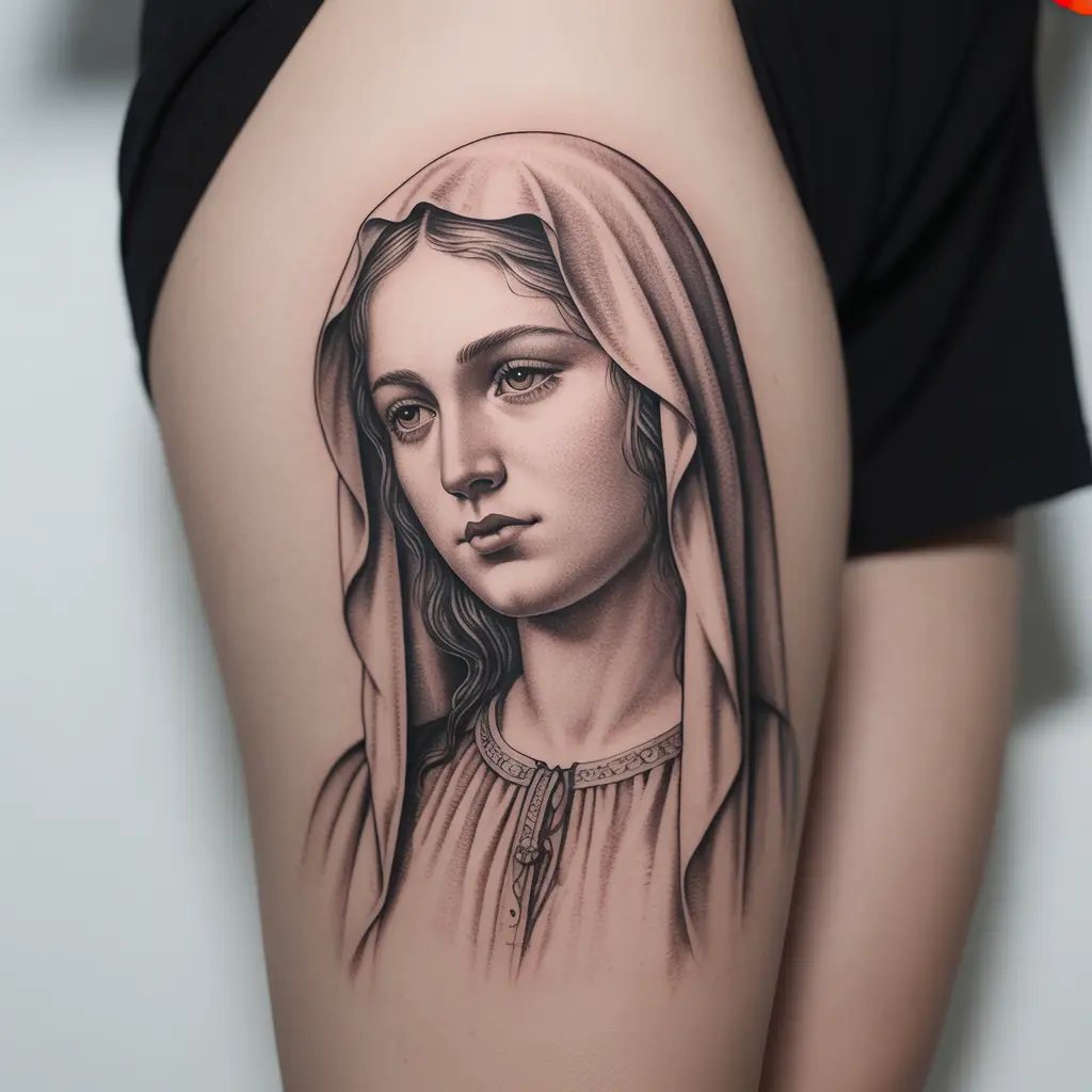 "Veil of purity Virgin Mary tattoo ink on thigh, elegant veil detail with realistic shading, symbolizing modesty and devotion."