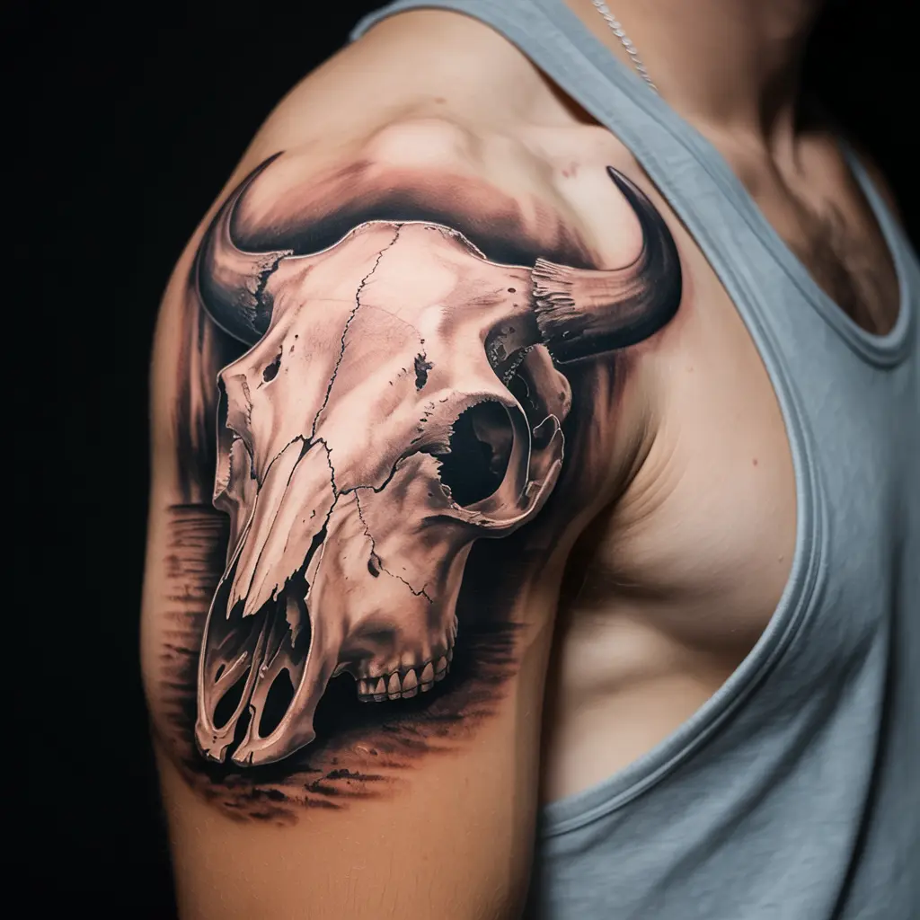 "Rustic cow skull tattoo with cracks and aged details on shoulder, symbolizing wisdom, history, and survival."