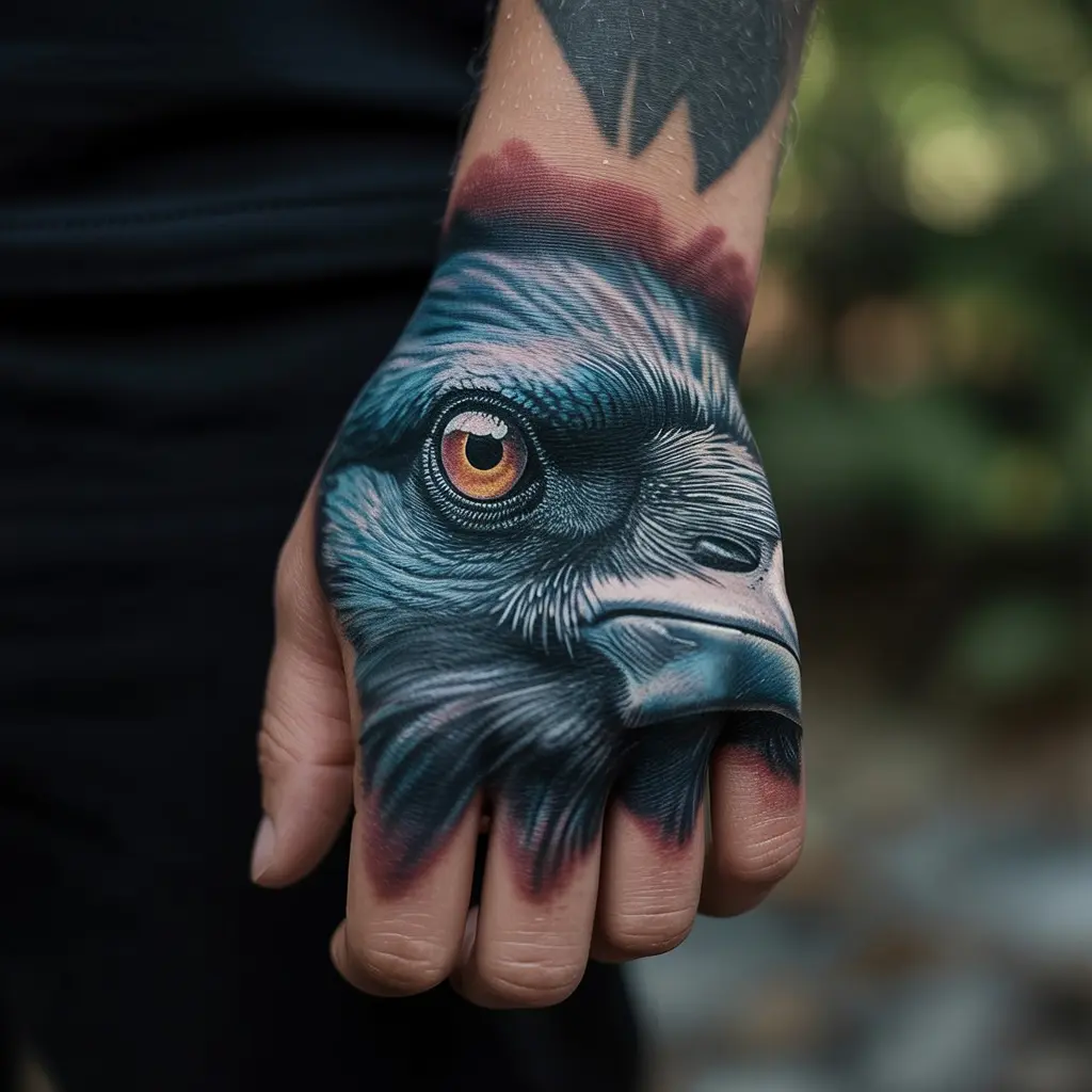 “Wrist or hand raven tattoo focusing on a realistic close-up of the bird’s eye, symbolizing wisdom and hidden truths.”