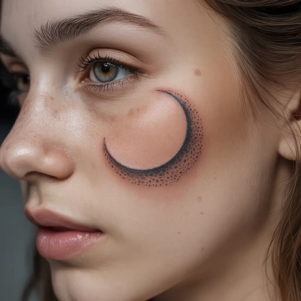 Moonbeam Freckle Tattoo – Crescent moon-shaped freckle tattoo on cheekbone, mystical and celestial design.

