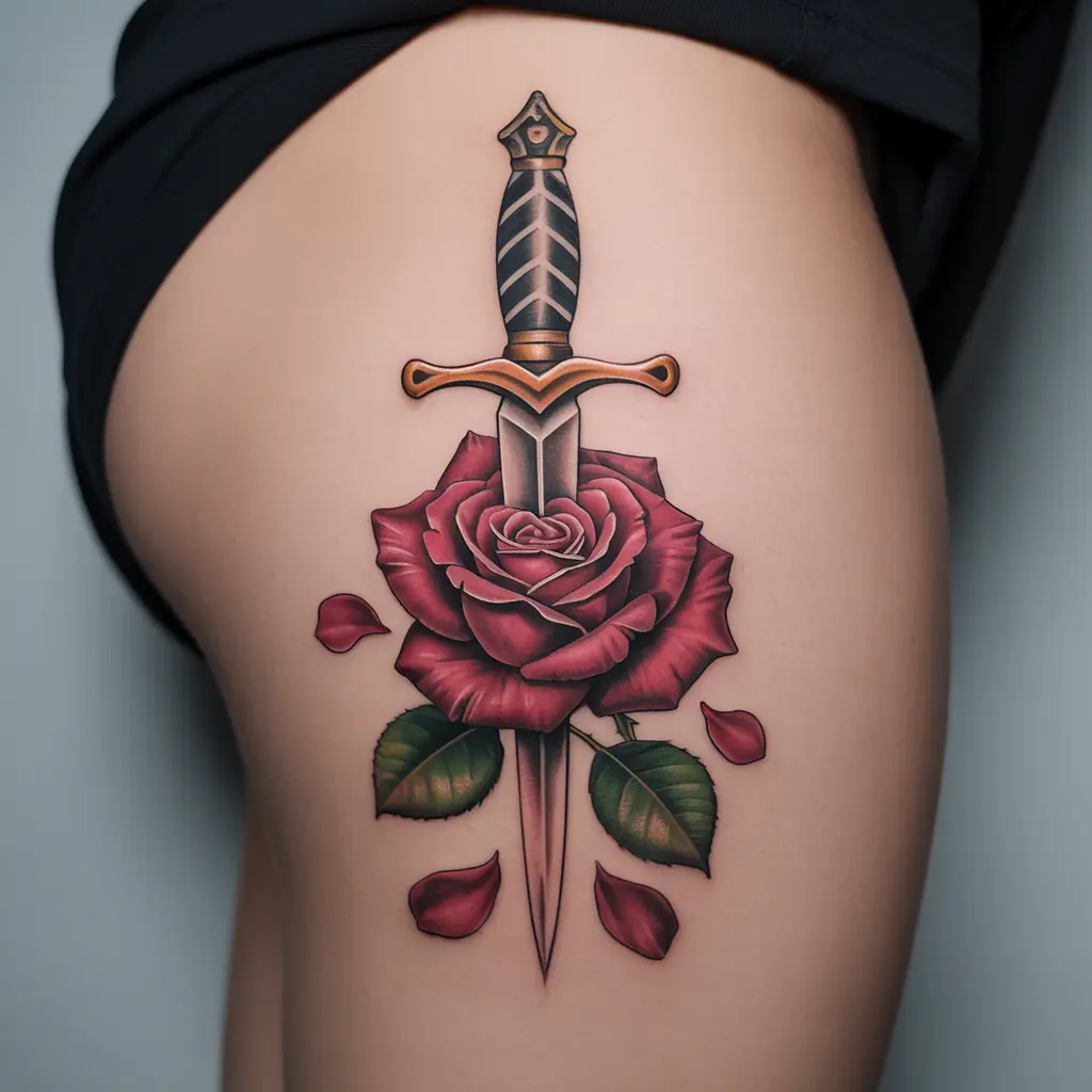rose and dagger under thigh tattoos women, romantic yet strong tattoo design on thigh, symbolic body art for women