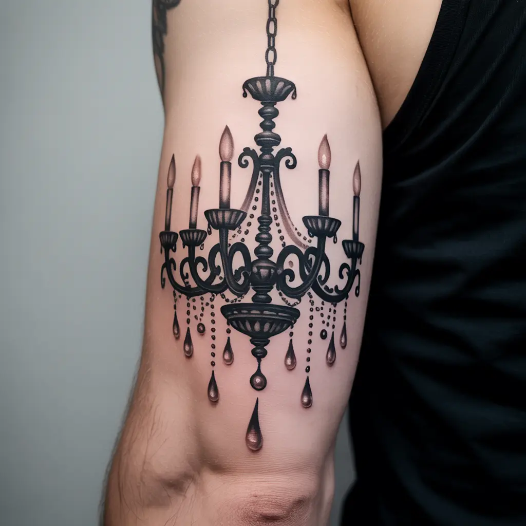"Chandelier of Shadows and Silver Droplets whimsigoth tattoo featuring gothic chandelier on forearm"