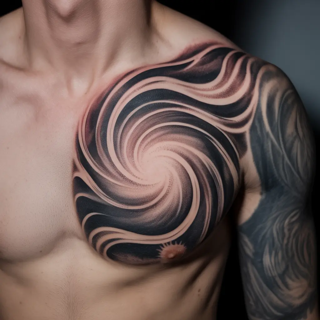 "Abstract tattoo designs — cosmic whirl tattoo on chest with swirling galaxy-inspired patterns."