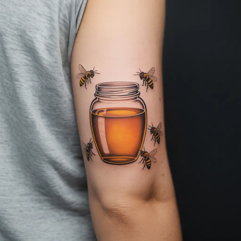 The Alchemy of Honey
"The Alchemy of Honey Bee Tattoo on forearm with honey jar surrounded by bees, symbolizing transformation and sweetness."