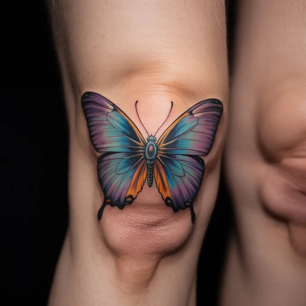 Colorful butterfly knee cap tattoo with open wings in blue and purple ink.

