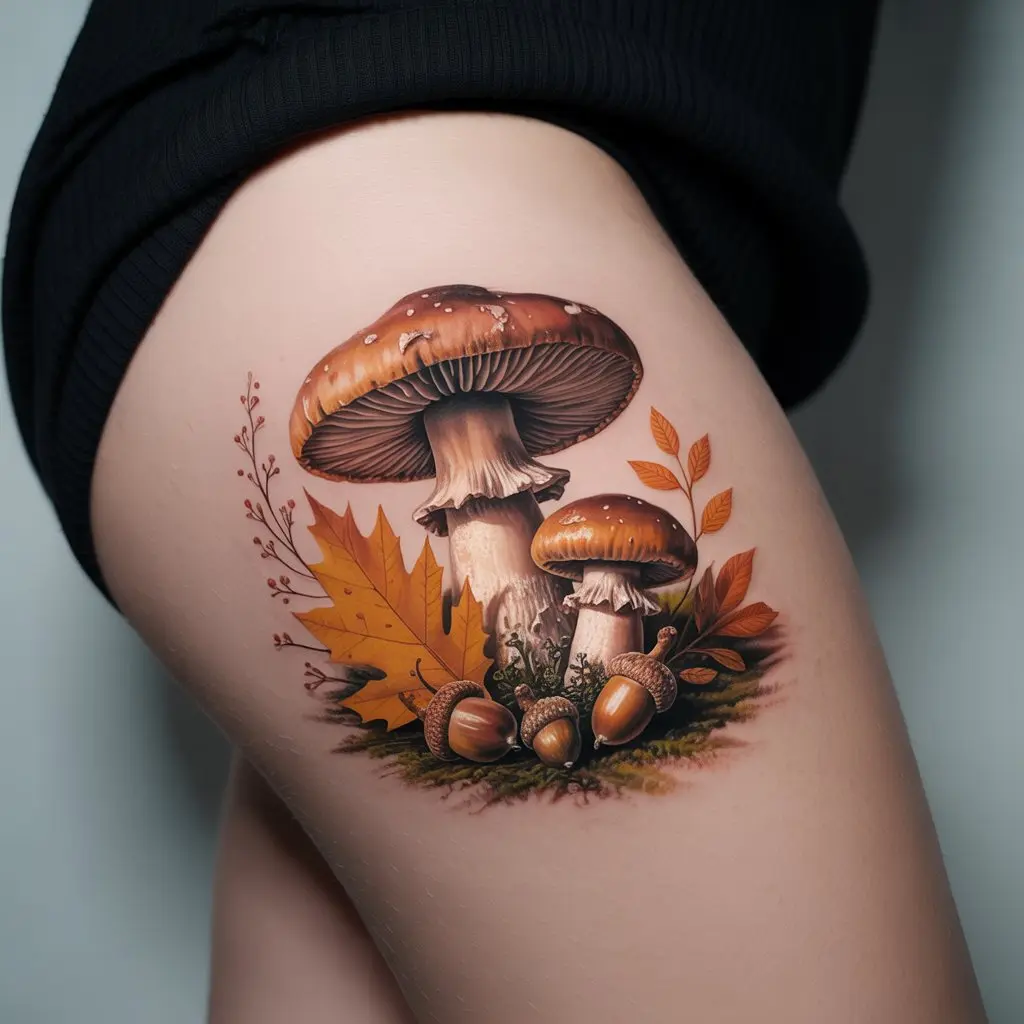 "Forest Floor and Golden Paths fall tattoo on thigh, mushrooms, acorns, and fallen leaves in warm hues"