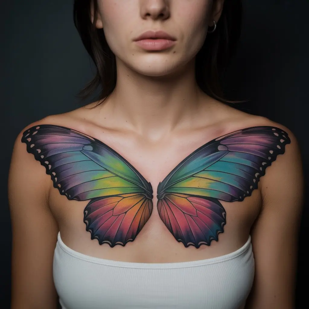 Aurora Wings — Colorful Spread Across the Chest
Aurora Wings chest tattoo female featuring butterfly-inspired wings in aurora colors from shoulder to shoulder.