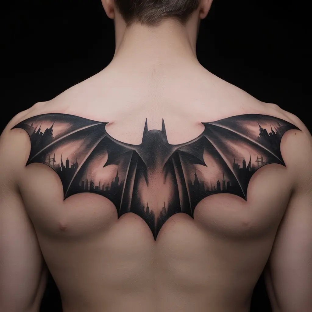 “Back Batman tattoo showing cape spread like wings across the upper back, symbolizing guardianship and freedom.”