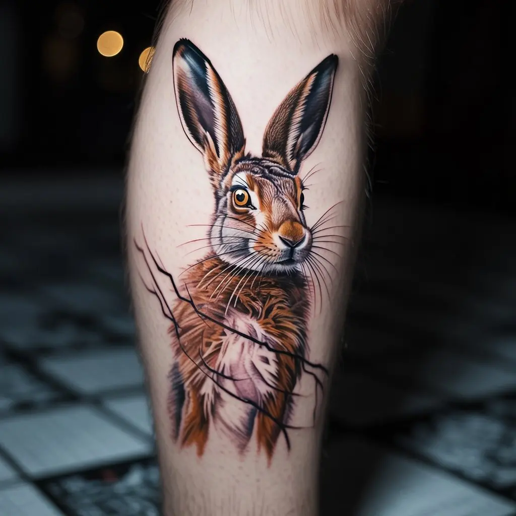 “Dynamic Alice in Wonderland tattoo of the March Hare with chaotic energy lines on calf, black ink design symbolizing madness and spontaneity.”