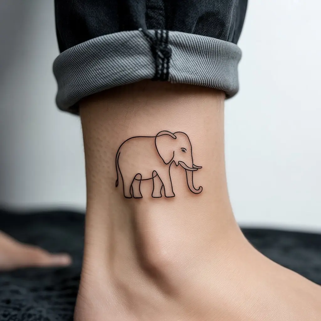 "Minimalist line elephant tattoo on ankle, simple black ink elephant tattoos capturing elegance, purity, and timeless style."